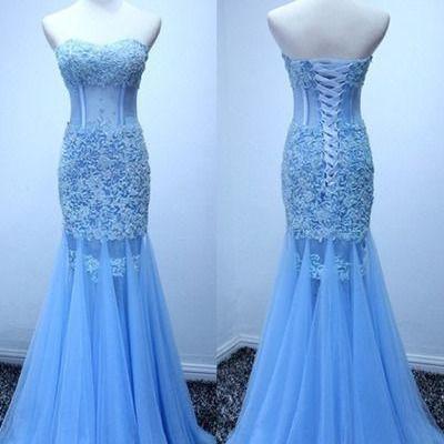 Blue Mermaid Long Applique Tulle Formal Gowns,..