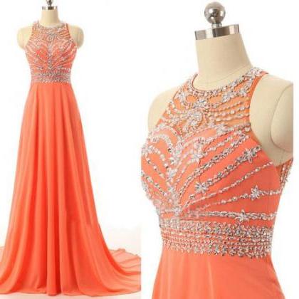 Orange Chiffon Beaded Long Party Dress,charming..