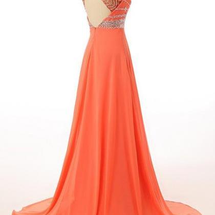 Orange Chiffon Beaded Long Party Dress,charming..