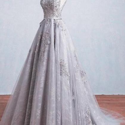 Grey Tulle Prom Gowns With Applique, Beautiful..
