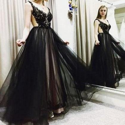 Black Tulle And Applique Pretty Long Formal Dress,..
