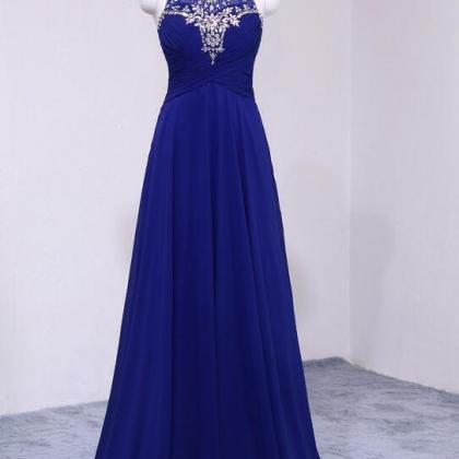 Royal Blue Beaded Halter Neckline Long Prom Dress,..