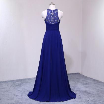 Royal Blue Beaded Halter Neckline Long Prom Dress,..