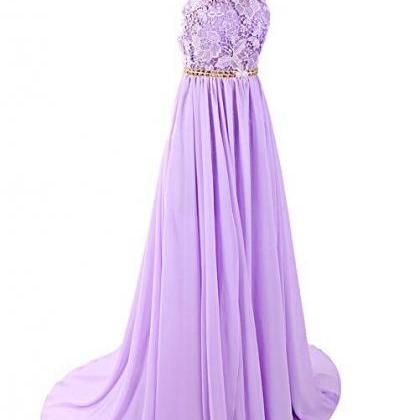 Lavender Chiffon And Lace Long Beaded Party Dress,..