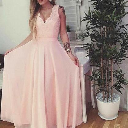 Light Pink Simple V-neckline Prom Dress, Prom..