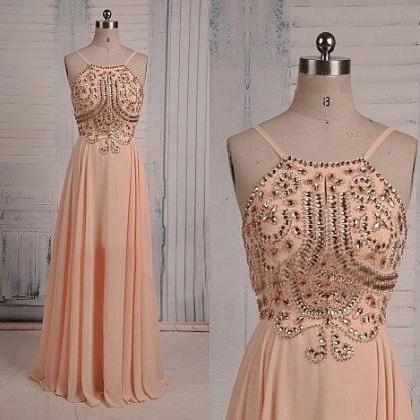 Light Pink Beaded Backless Prom Dress 2018, Beaded..