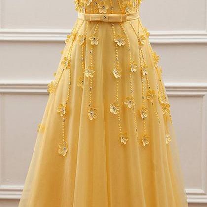 Yellow Floral Tulle Party Gowns, Yellow Junior..