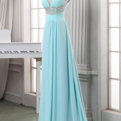 Light Blue Chiffon Sequins V-neckline Floor Gowns,..