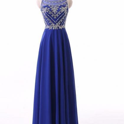 Blue Round Neckline Beadings Long Prom Gowns 2018,..