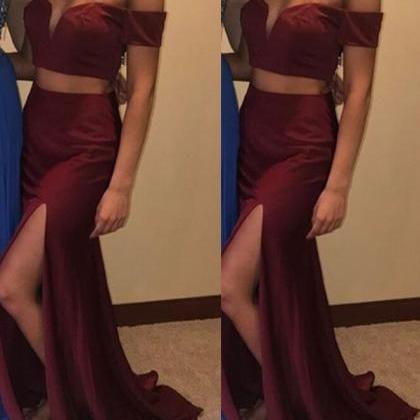 Burgundy Two Piece Slit Off Shoulder Party Gowns,..