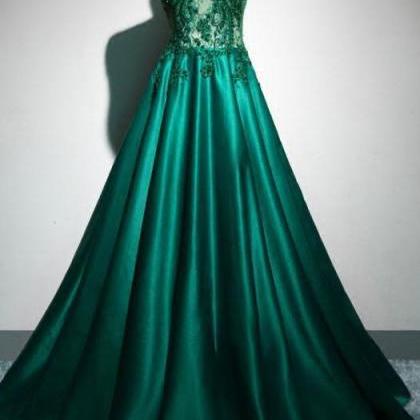 Green Satin Long Prom Dress, Lace Detail Party..