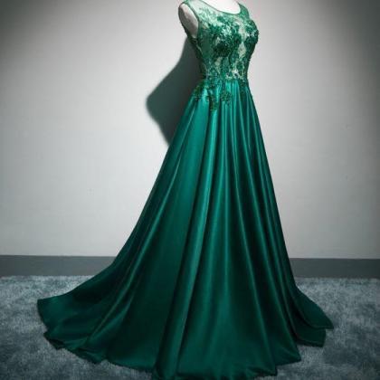 Green Satin Long Prom Dress, Lace Detail Party..