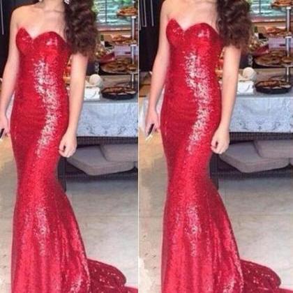 Red Sequins Mermaid Long Evening Dress, Red..