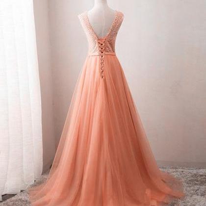 Beautiful Tulle Gown, V Back Lace-up Beaded Long..