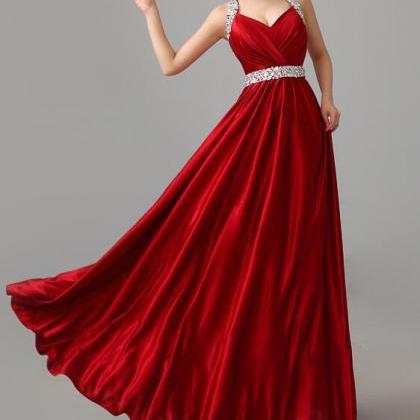 Red Satin Halter Beaded Long Party Dress, Formal..