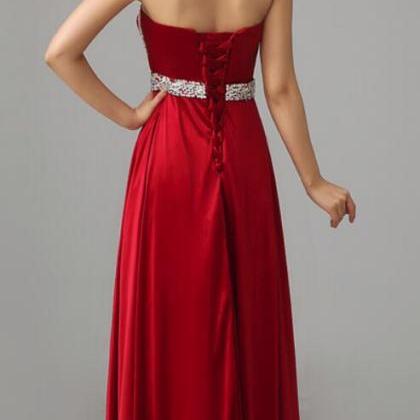 Red Satin Halter Beaded Long Party Dress, Formal..