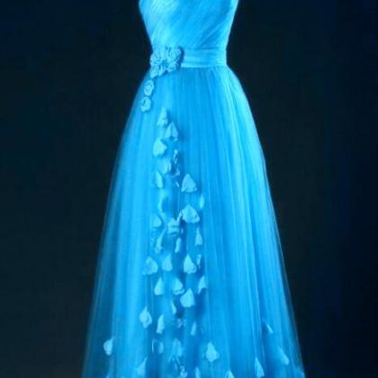Blue One Shoulder Tulle Party Dress With Floral..