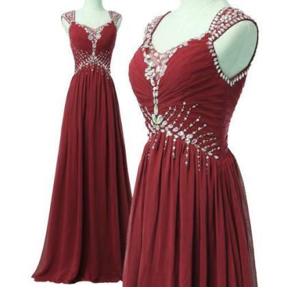 Wine Red Beaded Chiffon Junior Prom Dress, Simple..