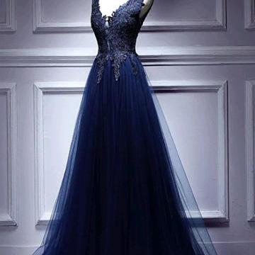 Navy Blue Prom Dresses, V-neckline Long Party..