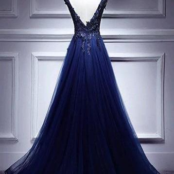 Navy Blue Prom Dresses, V-neckline Long Party..