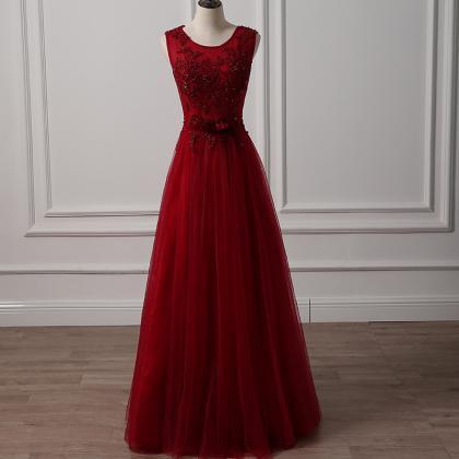 Dark Red Elegant Tulle Beaded Long Junior Prom..