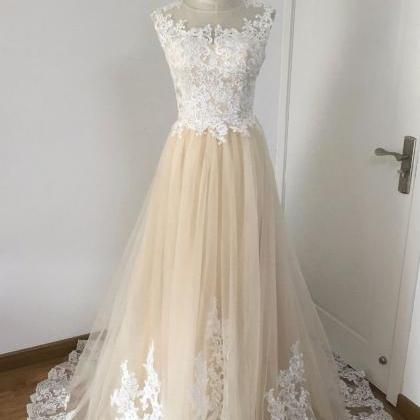Champagne Tulle And Lace Long Formal Dress, A-line..