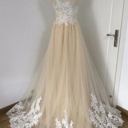 Champagne Tulle And Lace Long Formal Dress, A-line..