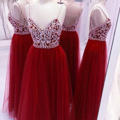 Red Straps Beaded Long Prom Dresses, Tulle Sparkle..