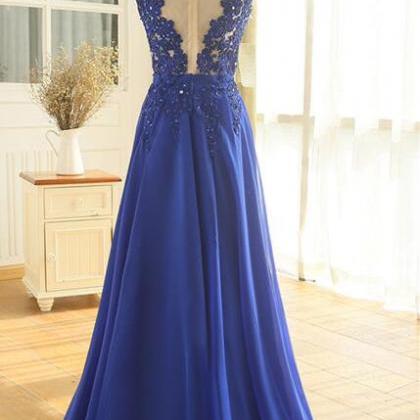 Royal Blue Chiffon Applique Charming Party Dresses, Floor Length Formal ...
