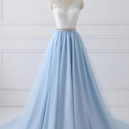 Blue Long Satin And Lace Elegant Prom Dress,..