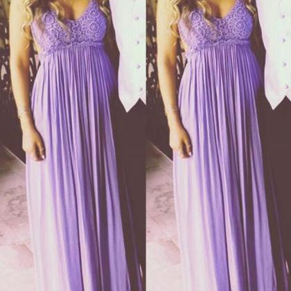 Light Purple Chiffon And Lace Backless Long Prom..