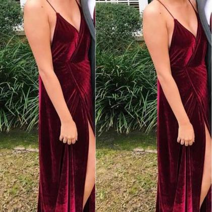 Burgundy Slit Velvet Long Prom Dress 2018, Sexy..