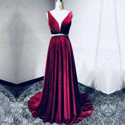 Wine Velvet V-neckline Prom Dress 2018, Prom Dress..
