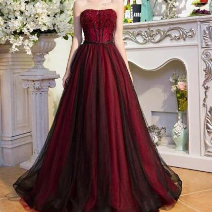 Dark Red And Black Tulle Beaded Long Party Dress,..