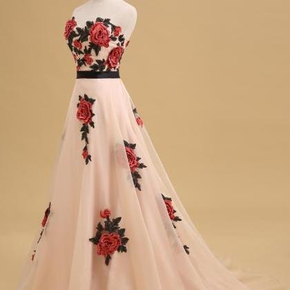 Charming Floral Long Embroidered A-line Prom Dress..