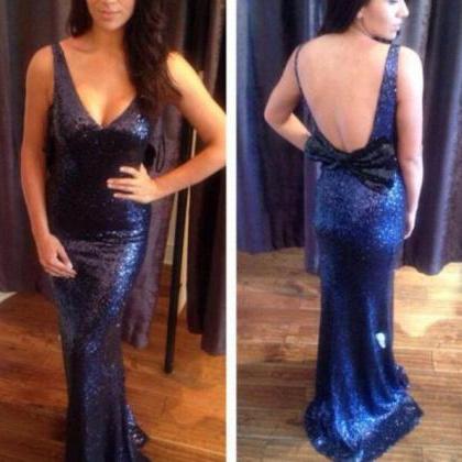Navy Blue Mermaid Sequins Bridesmaid Dress With..