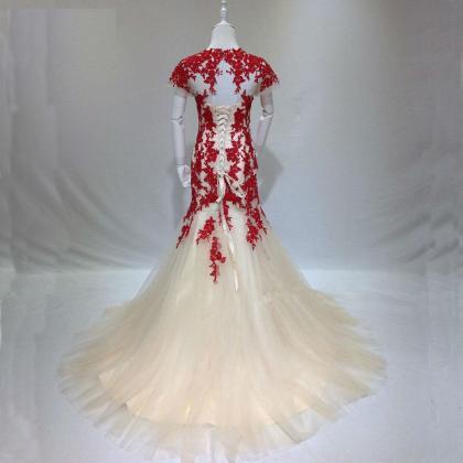 Elegant Light Champagne Tulle With Red Applique,..