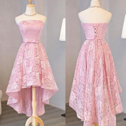 Pink Lace High Low Party Dress, Homecoming Dress,..