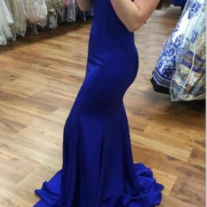 Royal Blue Satin Stylish Prom Dress, Mermaid Long..