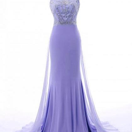 Lilac Mermaid Beaded Long Party Dress, Spandex..