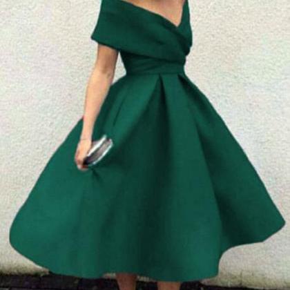 Dark Green Off Shoulder Tea Length Party Dress,..