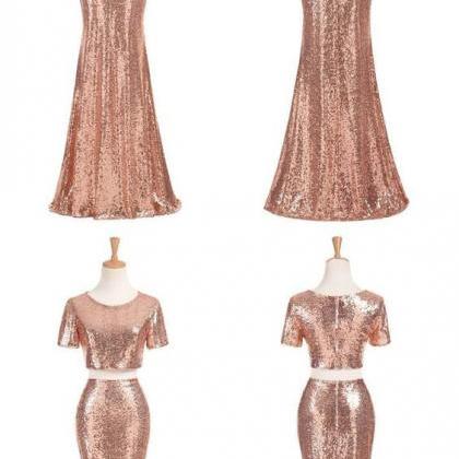 Gold Sequins Two Piece Mermaid Long Prom Dress,..
