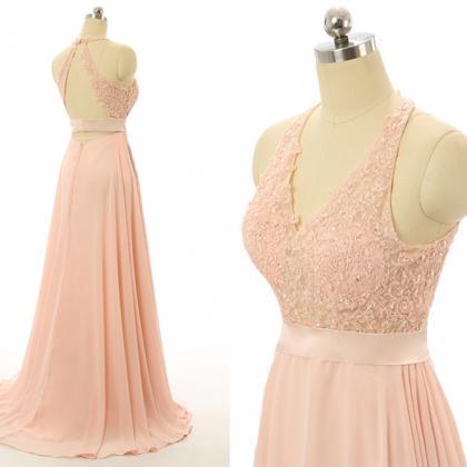 Pink Simple Hater Chiffon And Lace Long Formal..
