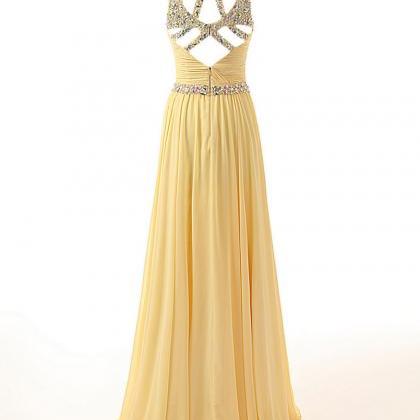 Pretty Yellow Chiffon Long Sequins Party Dress,..