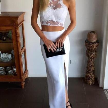 White Two Piece Lovely Slit Long Party Dress,..