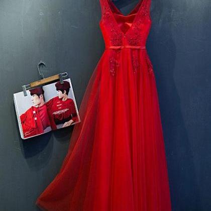 Red Tulle Pretty Party Dresses, A-line Long Formal..