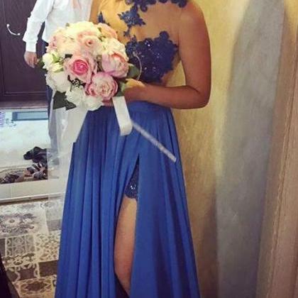 Blue Lace Halter Chiffon Slit Long Prom Dress,..