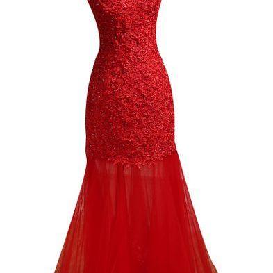 Beautiful Red Tulle Mermaid Long Prom Dress, Prom..