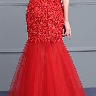 Beautiful Red Tulle Mermaid Long Prom Dress, Prom..