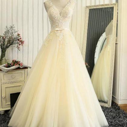 Lovely Light Champagne Tulle Long Lace Prom Dress..